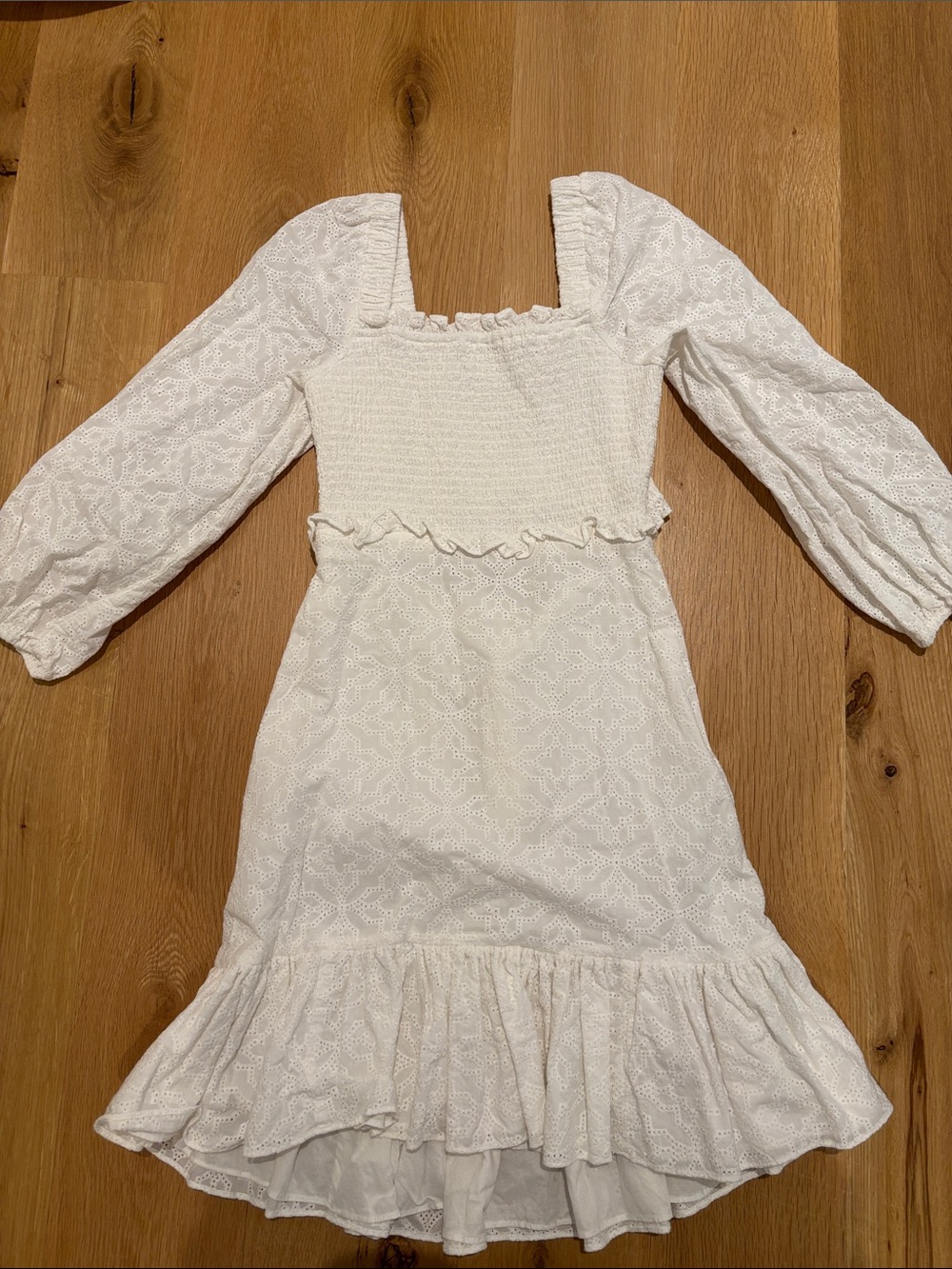 Veronica Beard White Eyelet Smocked Square-Neck Dress